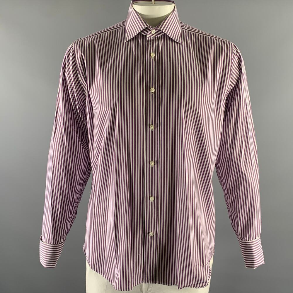 TRUZZI Size XL White Purple Stripe Cotton French Cuff Long Sleeve Shirt